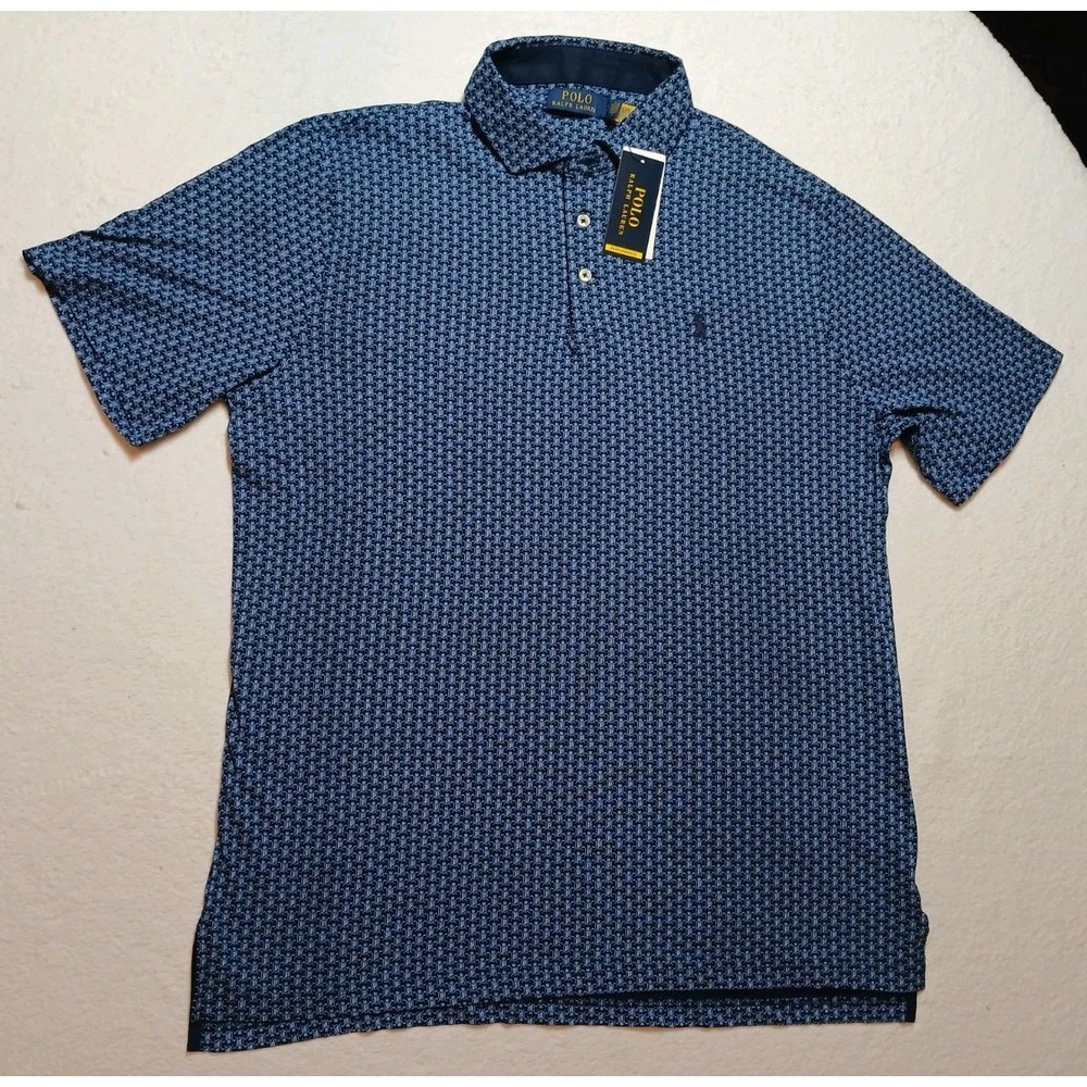 NWT Polo Ralph Lauren Mens Large L Navy Blue Geometric Micro Print Polo Shirt